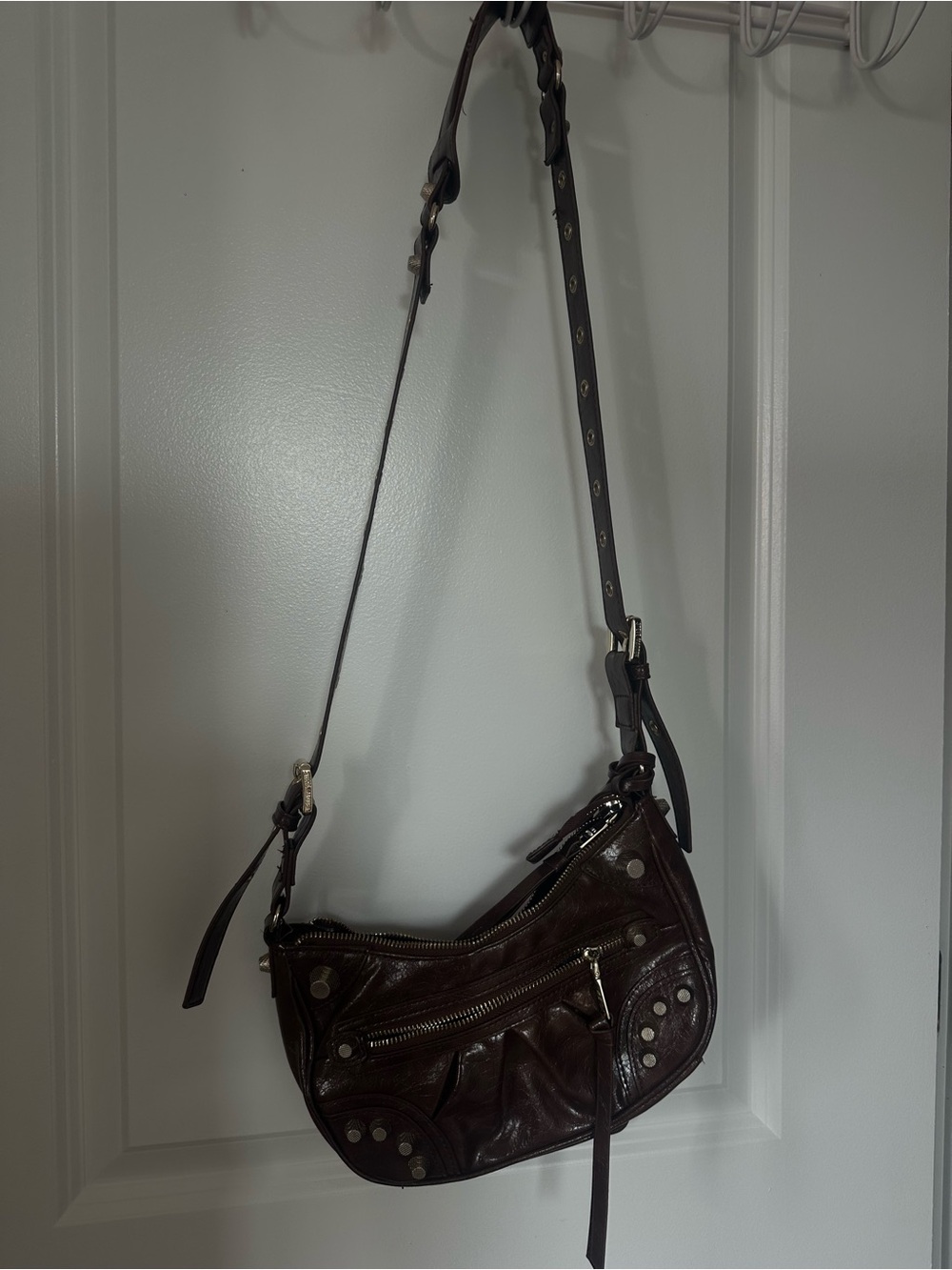 Women’s Shoulder Bag - Dark Brown Leather with Stud Accents